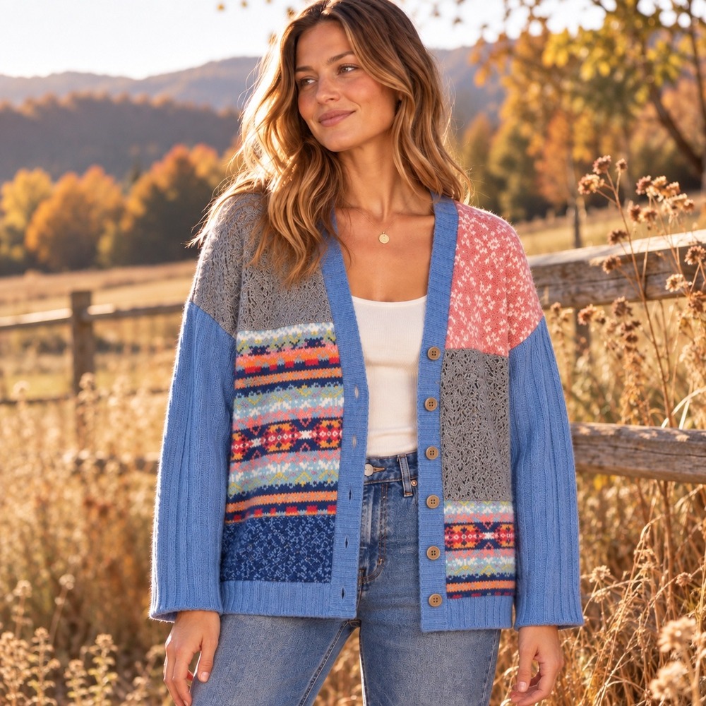 Sundance Patchwork Cardigan Women's M Lambswool Angora Blue Multi Boho Sweater